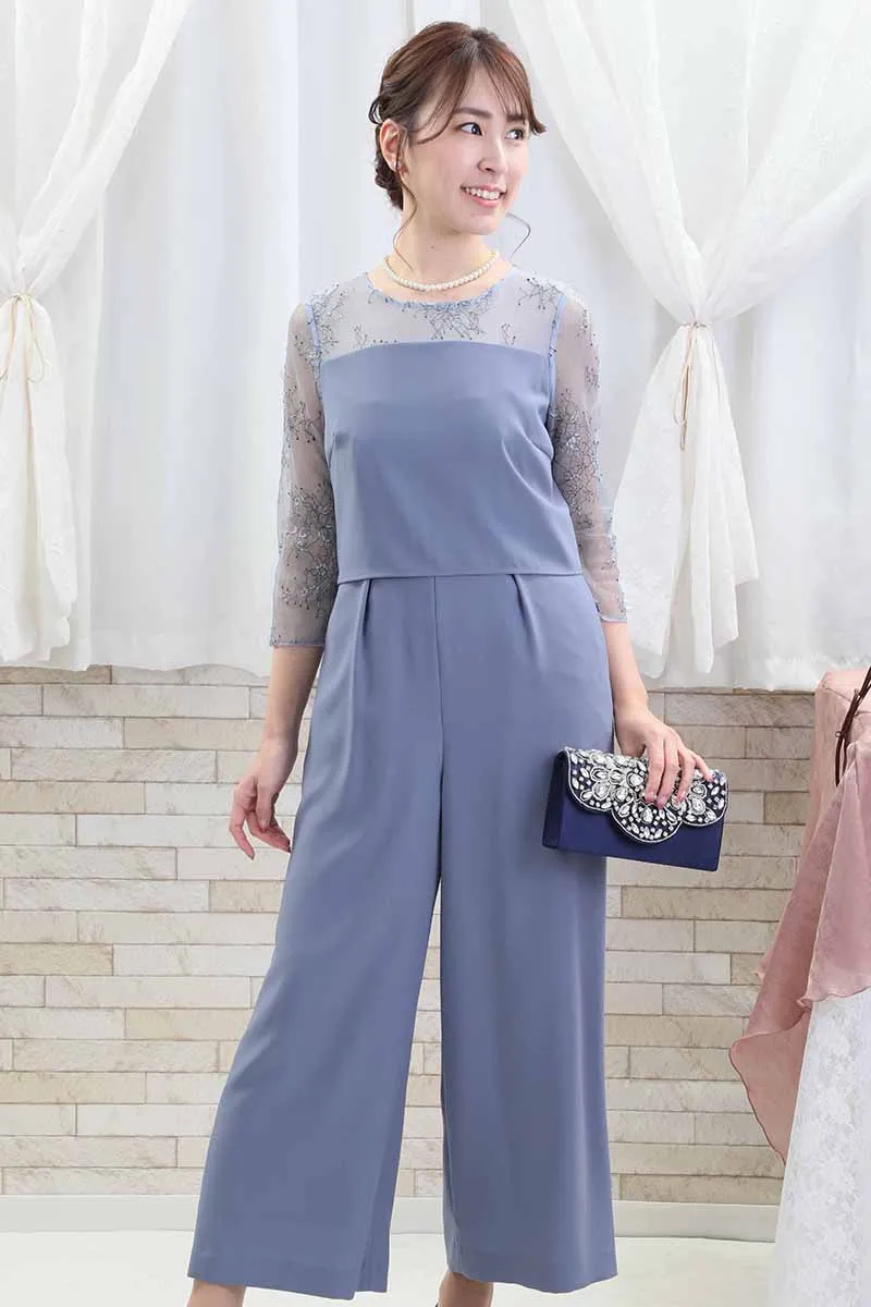 ブルーのデコルテレーススリーブパンツドレス