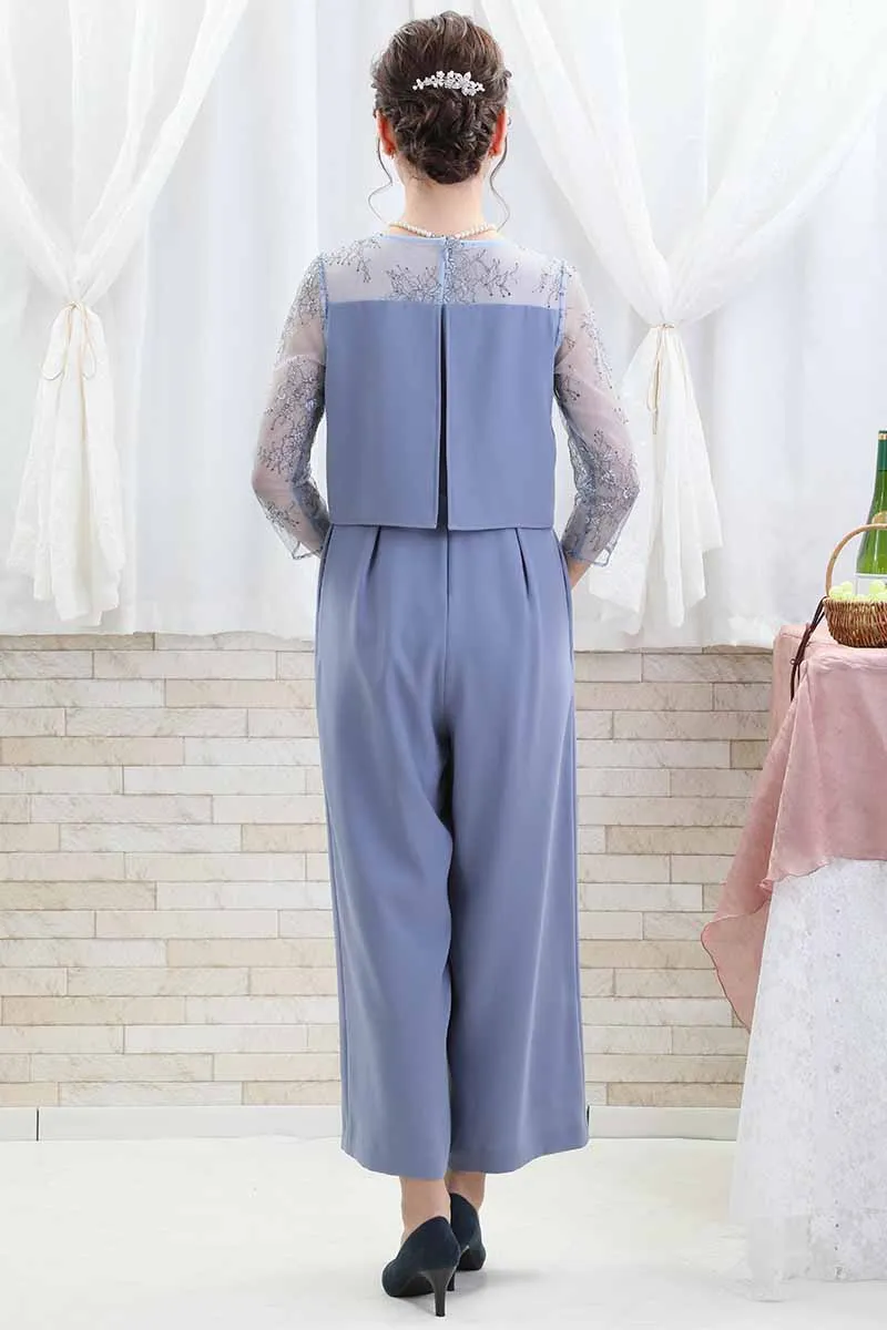 ブルーのデコルテレーススリーブパンツドレス