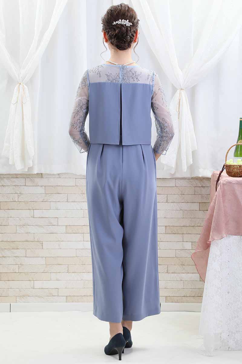 ブルーのデコルテレーススリーブパンツドレス