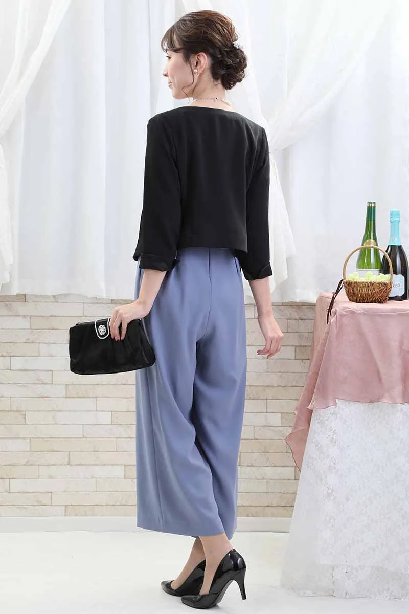 ブルーのデコルテレーススリーブパンツドレス