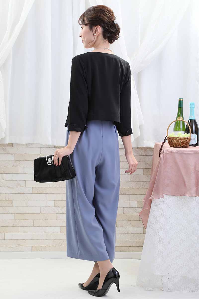 ブルーのデコルテレーススリーブパンツドレス