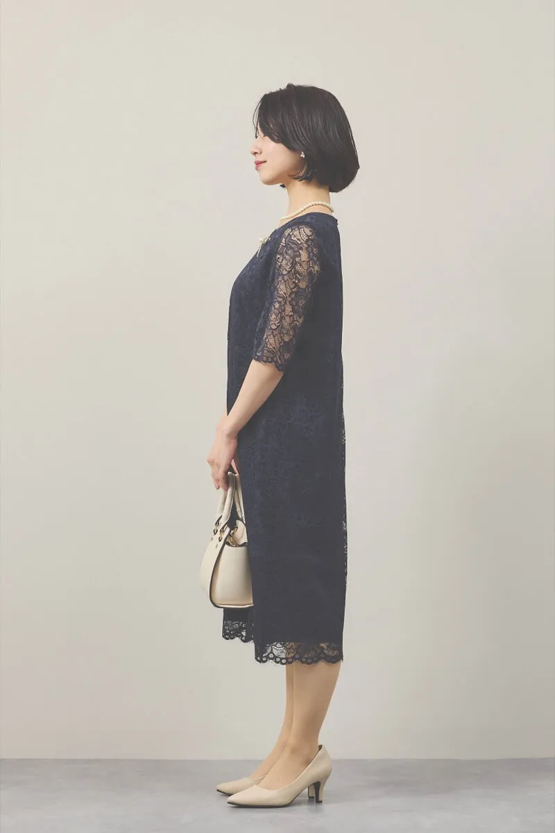 ネイビーの総レース五分袖セレモニースーツセット