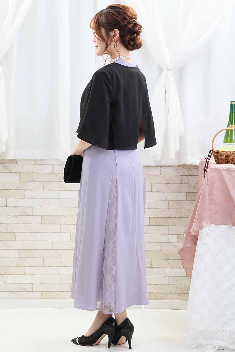 ラベンダーのバックリボン付き切替えレースドレス