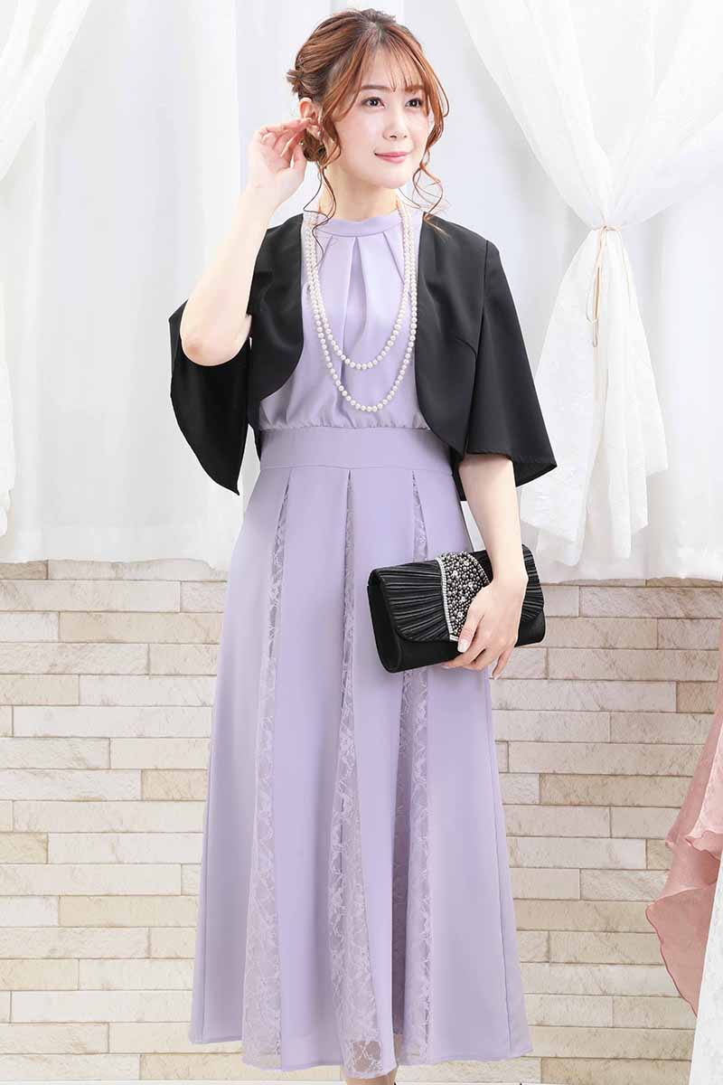 ラベンダーのバックリボン付き切替えレースドレス