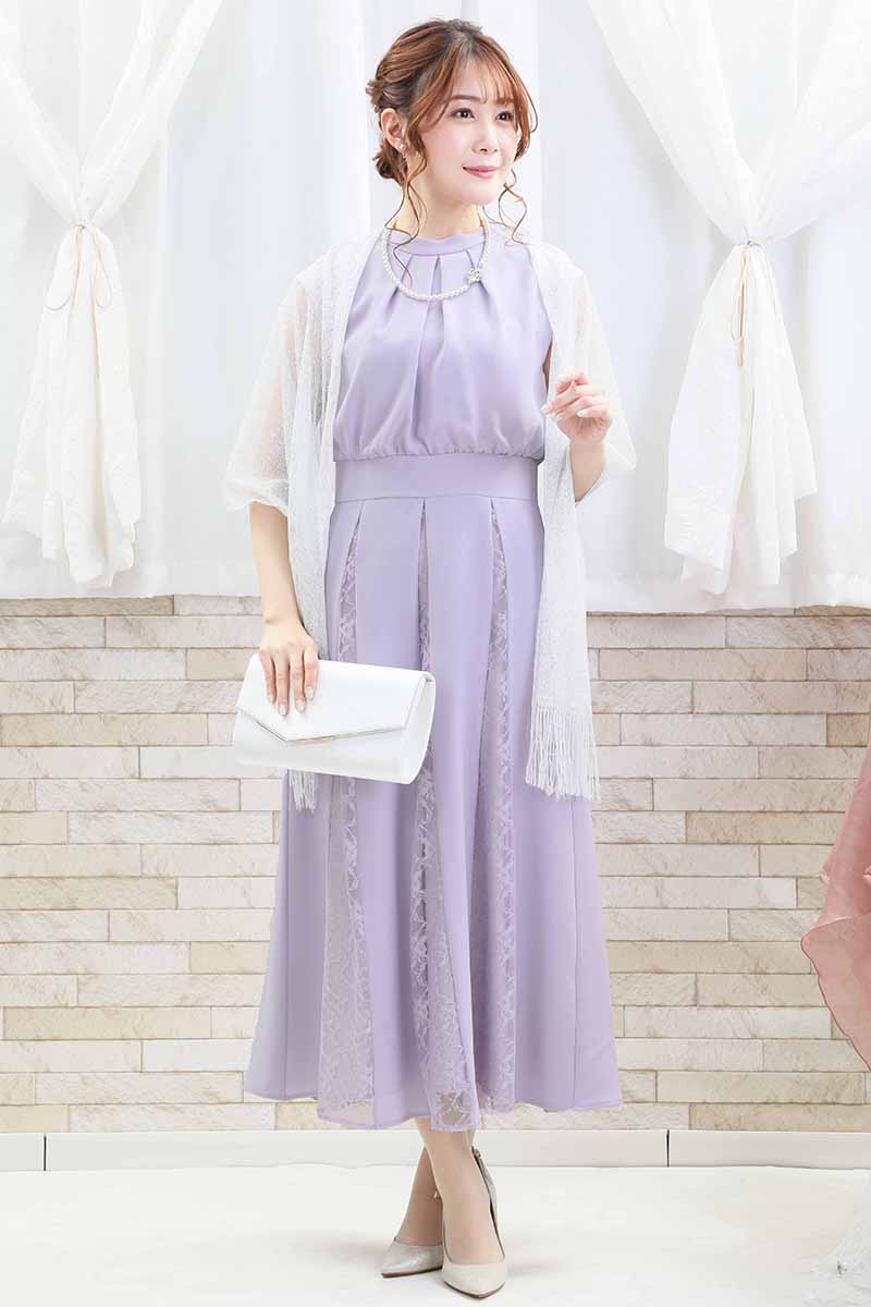 ラベンダーのバックリボン付き切替えレースドレス
