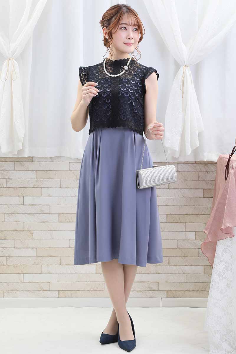 ネイビーのレーストップスドレス