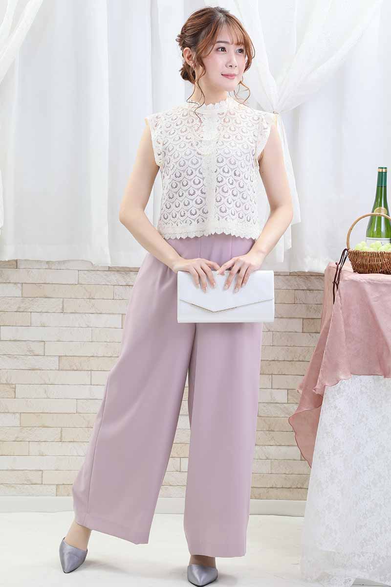 ピンクのレースブラウスパンツドレス
