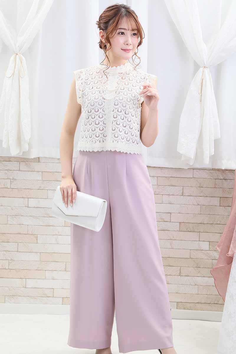 ピンクのレースブラウスパンツドレス