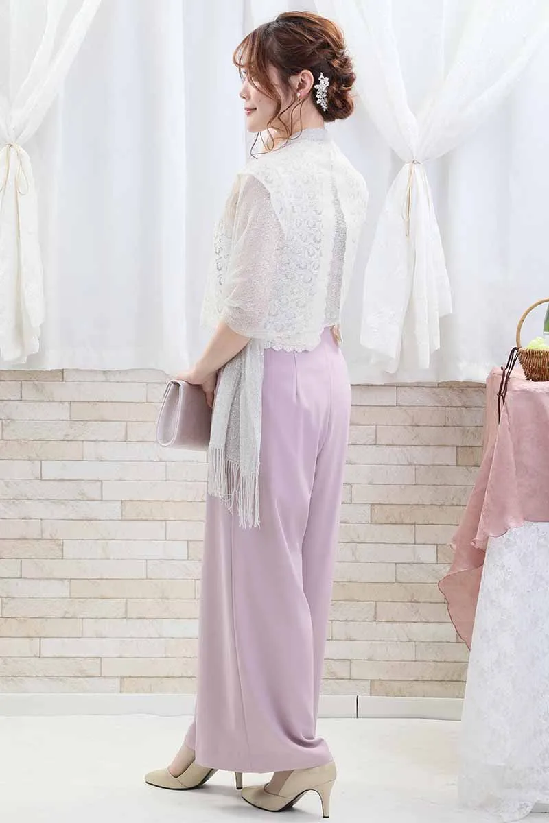 ピンクのレースブラウスパンツドレス