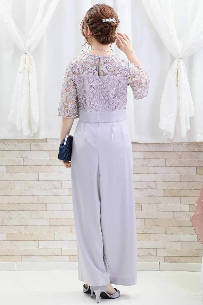 ライトグレーのトップスレースオールインワンパンツドレス