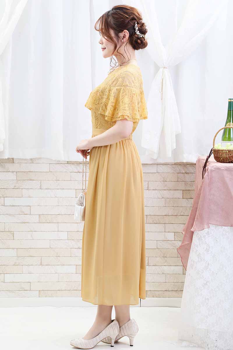 イエローのケープ風フリルドレス