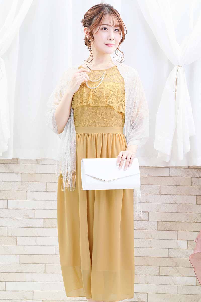 イエローのケープ風フリルドレス