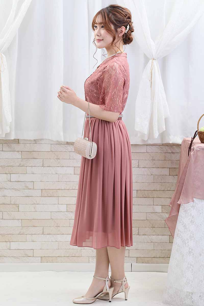 ピンクのはしごレース×シフォンギャザードレス