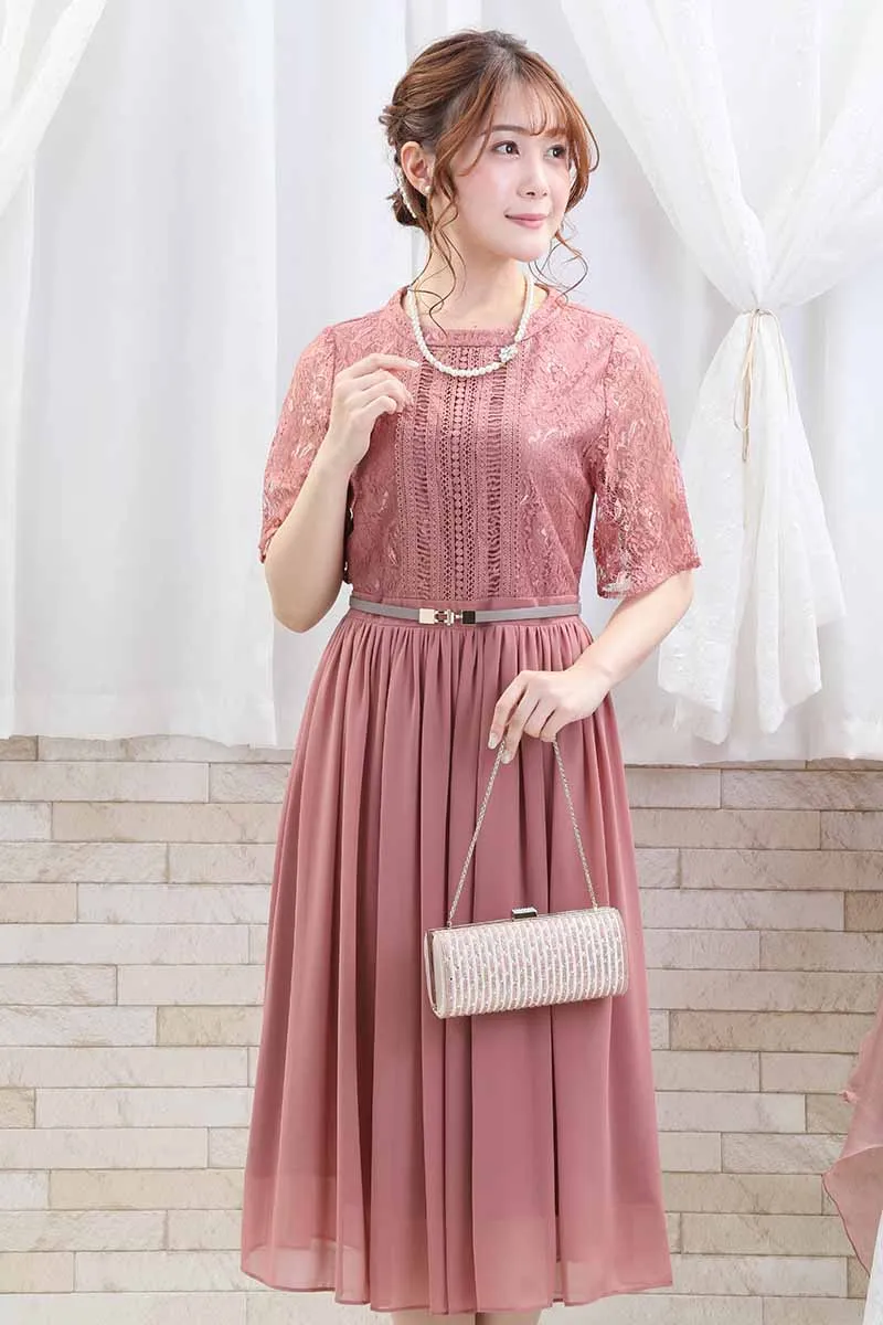 ピンクのはしごレース×シフォンギャザードレス