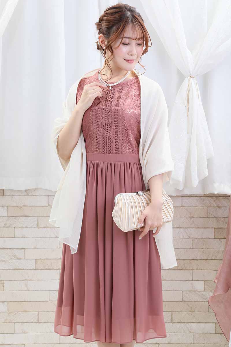 ピンクのはしごレース×シフォンギャザードレス