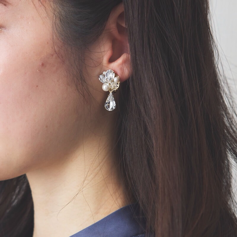 しずくビジュー×パールイヤリング(ゴールド)