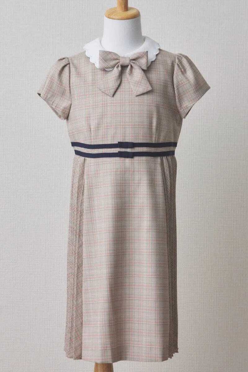 ベージュのチェック×リボン付きキッズフォーマルセット