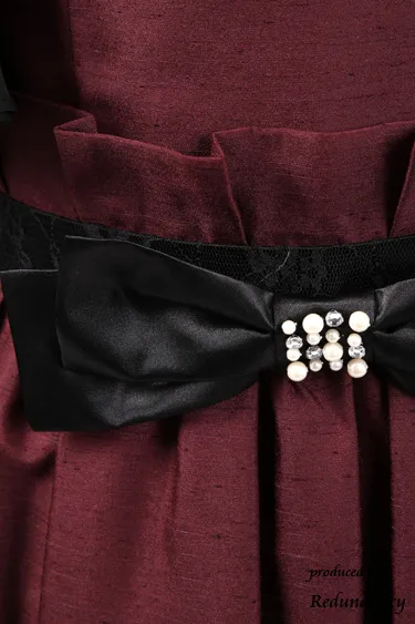 ワインレッドのビジューリボン付きシャンタンドレスコーディネートセット