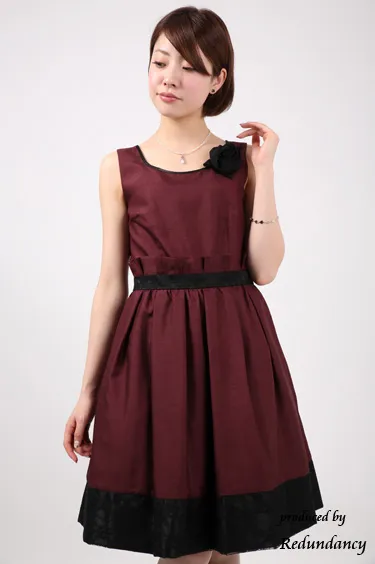 ワインレッドのビジューリボン付きシャンタンドレスコーディネートセット