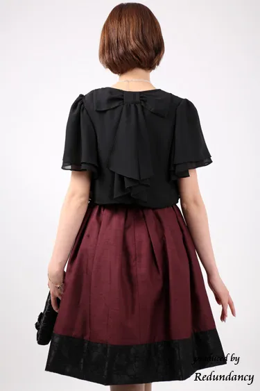 ワインレッドのビジューリボン付きシャンタンドレスコーディネートセット