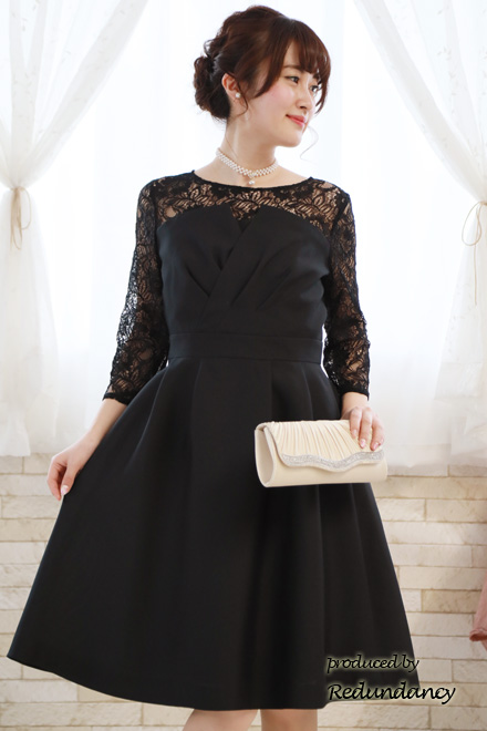 ブラックのビスチェ風七分袖レースドレス