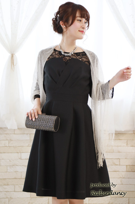 ブラックのビスチェ風七分袖レースドレス