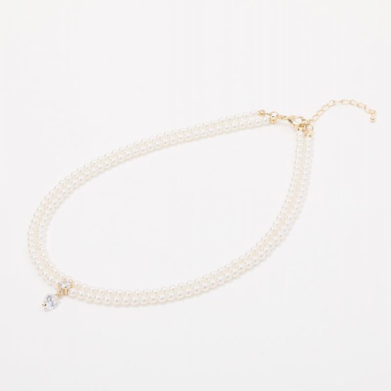 ホワイトパール2連のクリスタルチャームネックレス