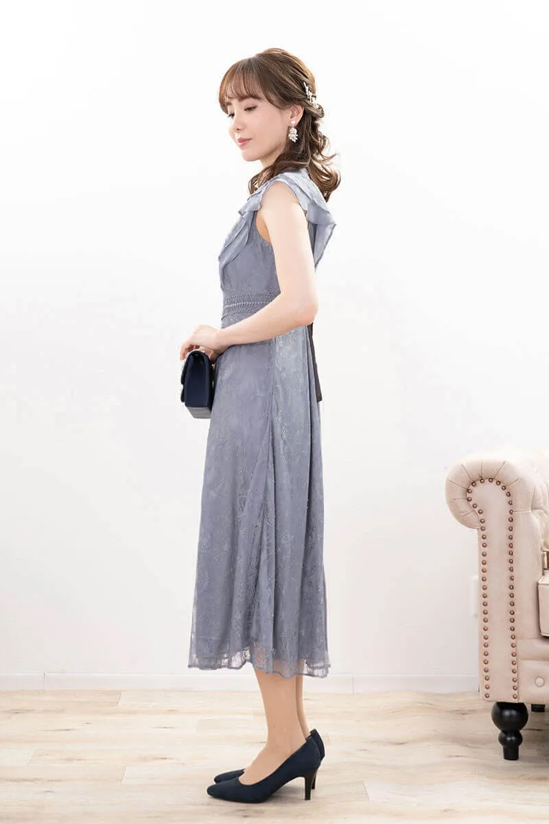 ブルーグリーンのミックスレースミモレ丈ドレス