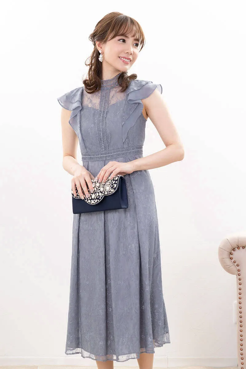 ブルーグリーンのミックスレースミモレ丈ドレス