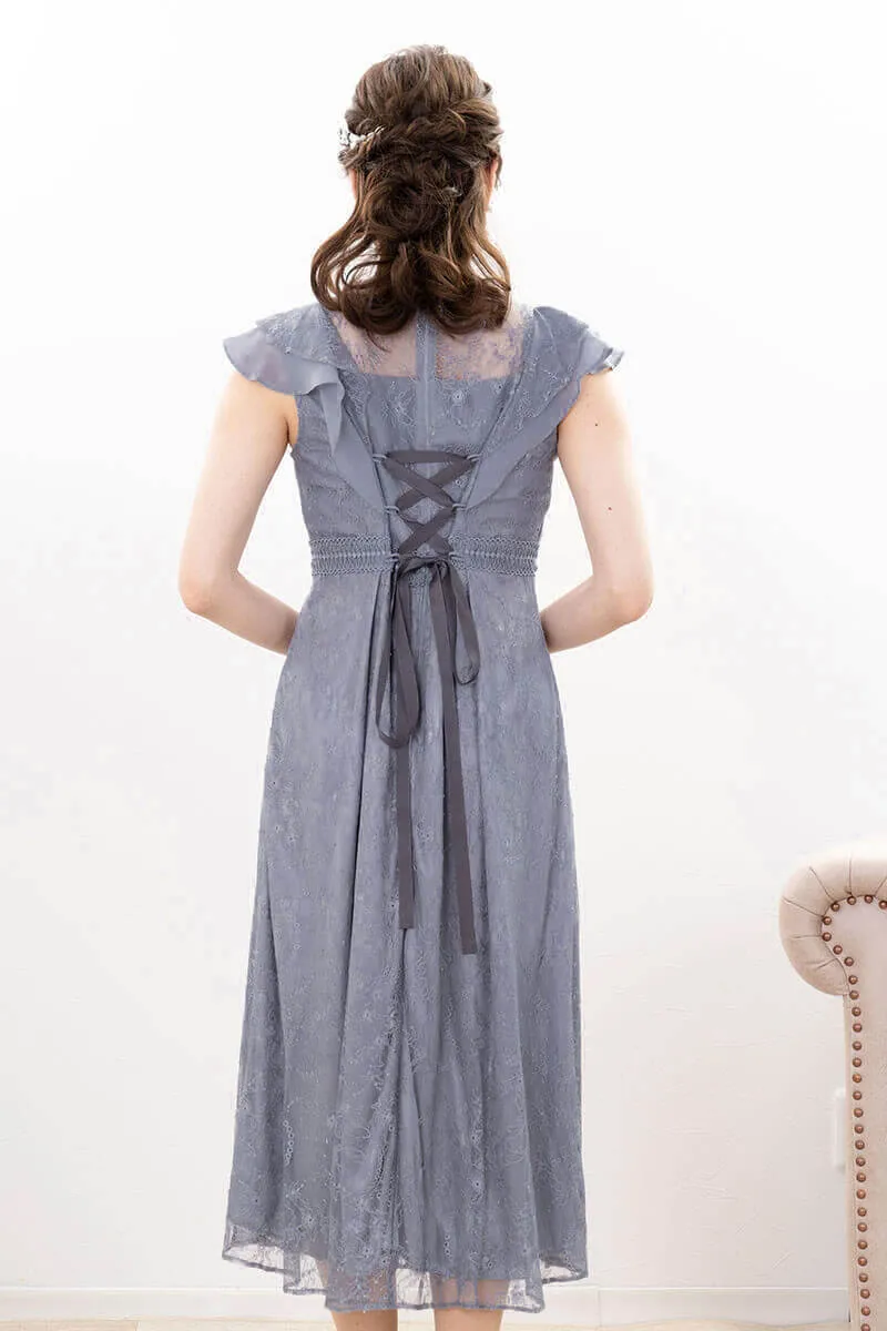 ブルーグリーンのミックスレースミモレ丈ドレス