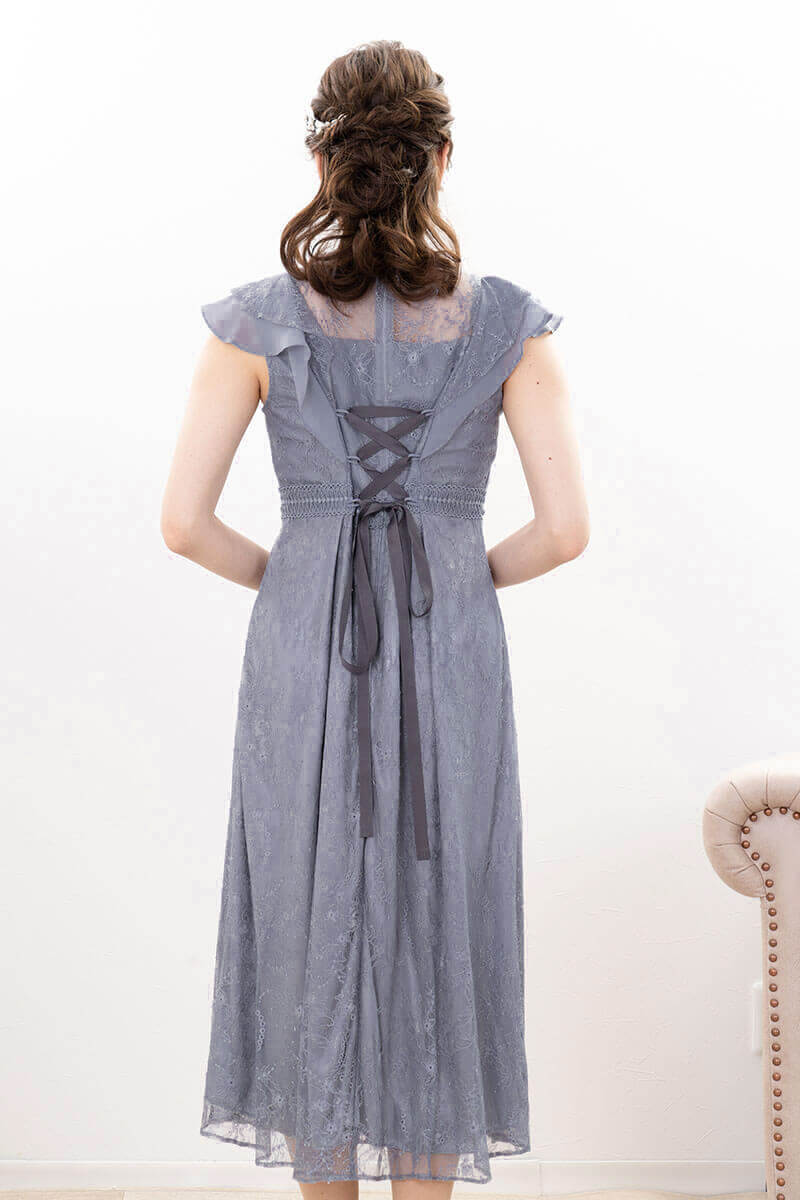 ブルーグリーンのミックスレースミモレ丈ドレス