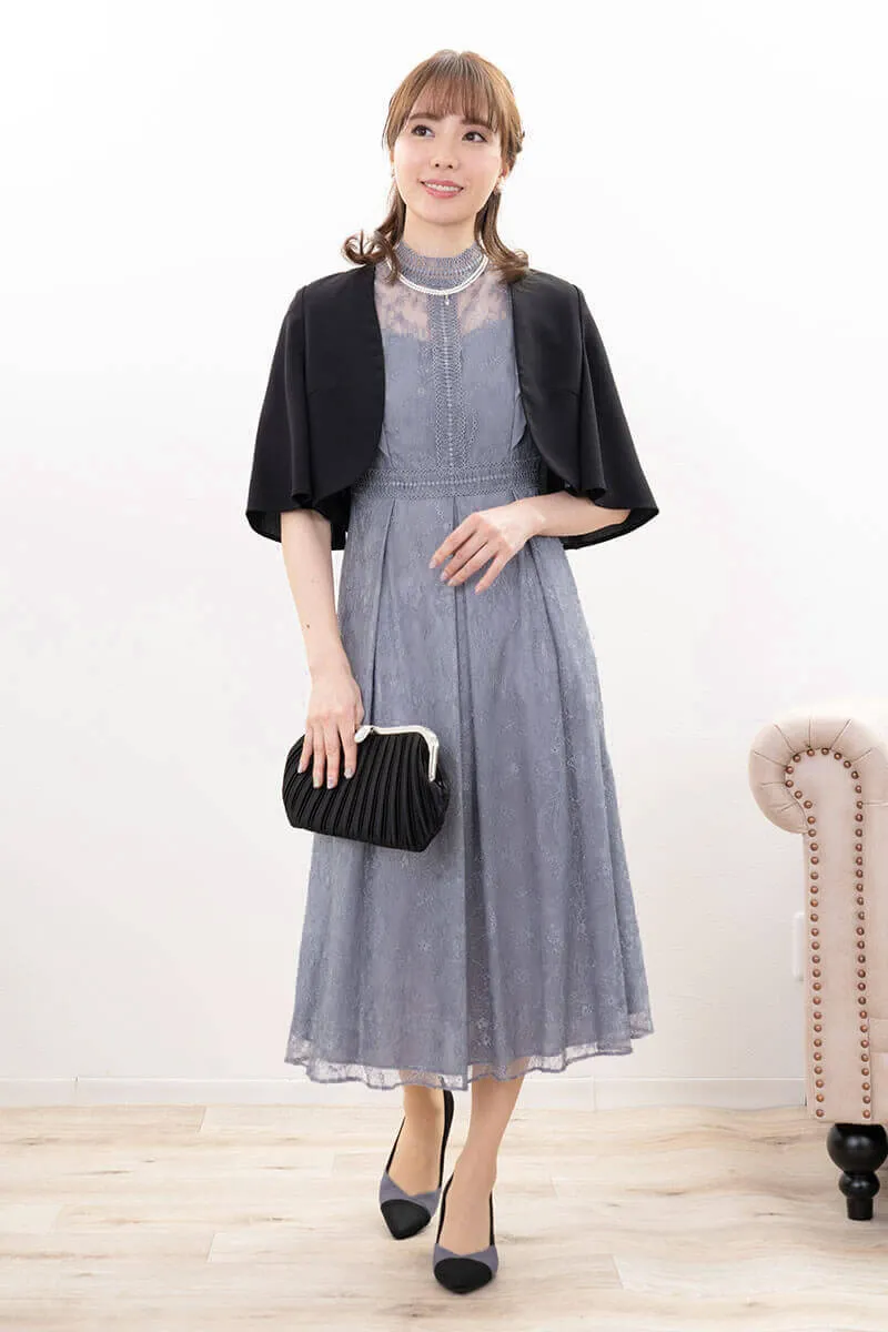 ブルーグリーンのミックスレースミモレ丈ドレス