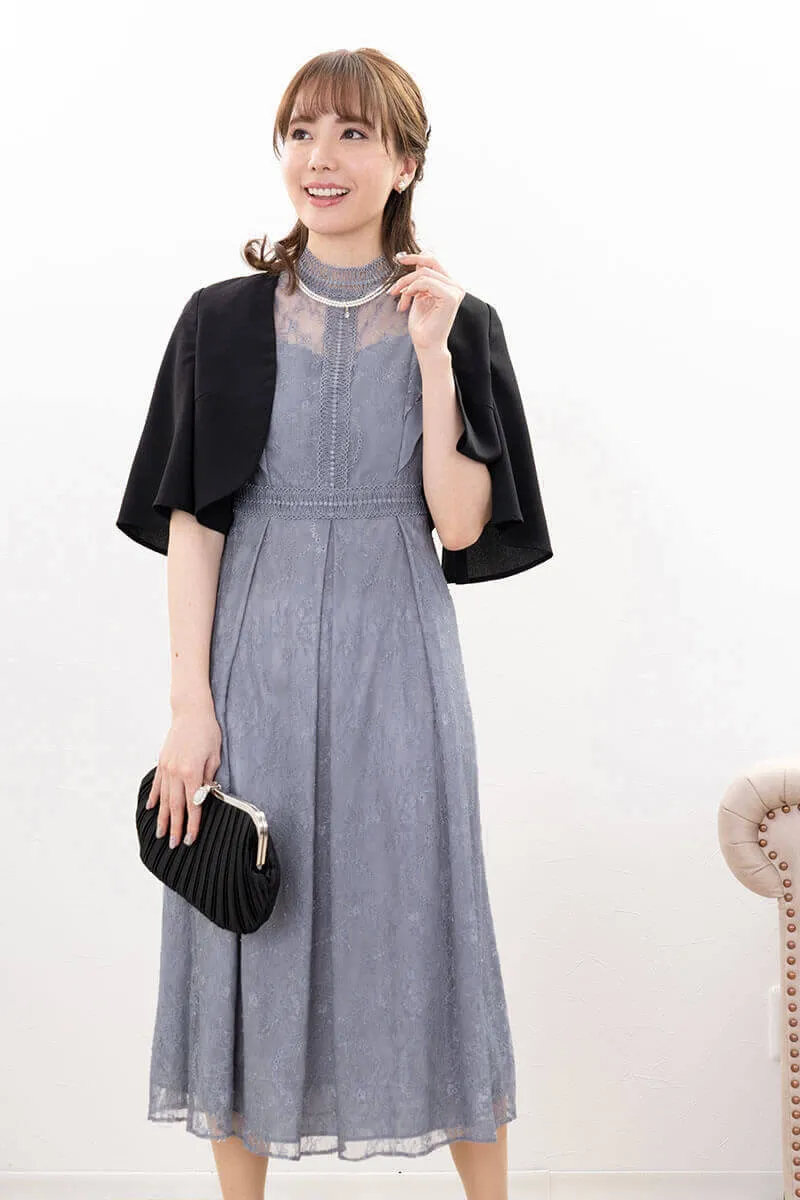 ブルーグリーンのミックスレースミモレ丈ドレス