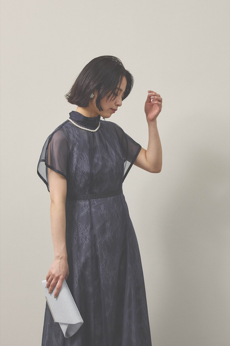 ネイビーのレース×オーガンジードレスコーディネートセット