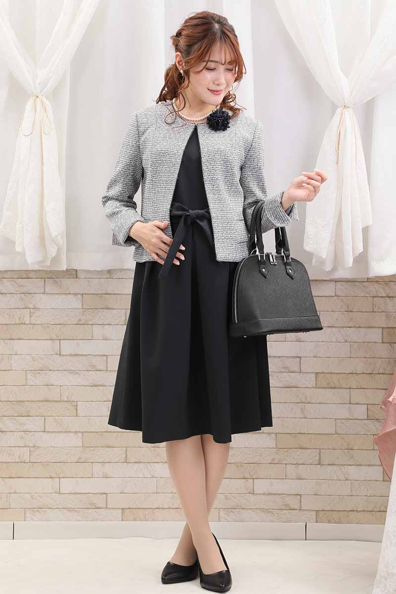 ネイビーの授乳口付ウエストリボンフレアセレモニースーツセット