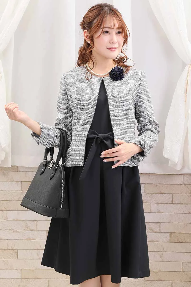 ネイビーの授乳口付ウエストリボンフレアセレモニースーツセット