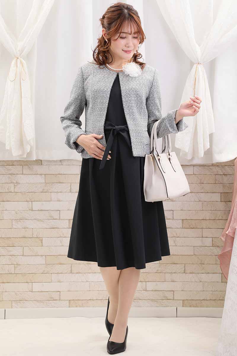 ネイビーの授乳口付ウエストリボンフレアセレモニースーツセット