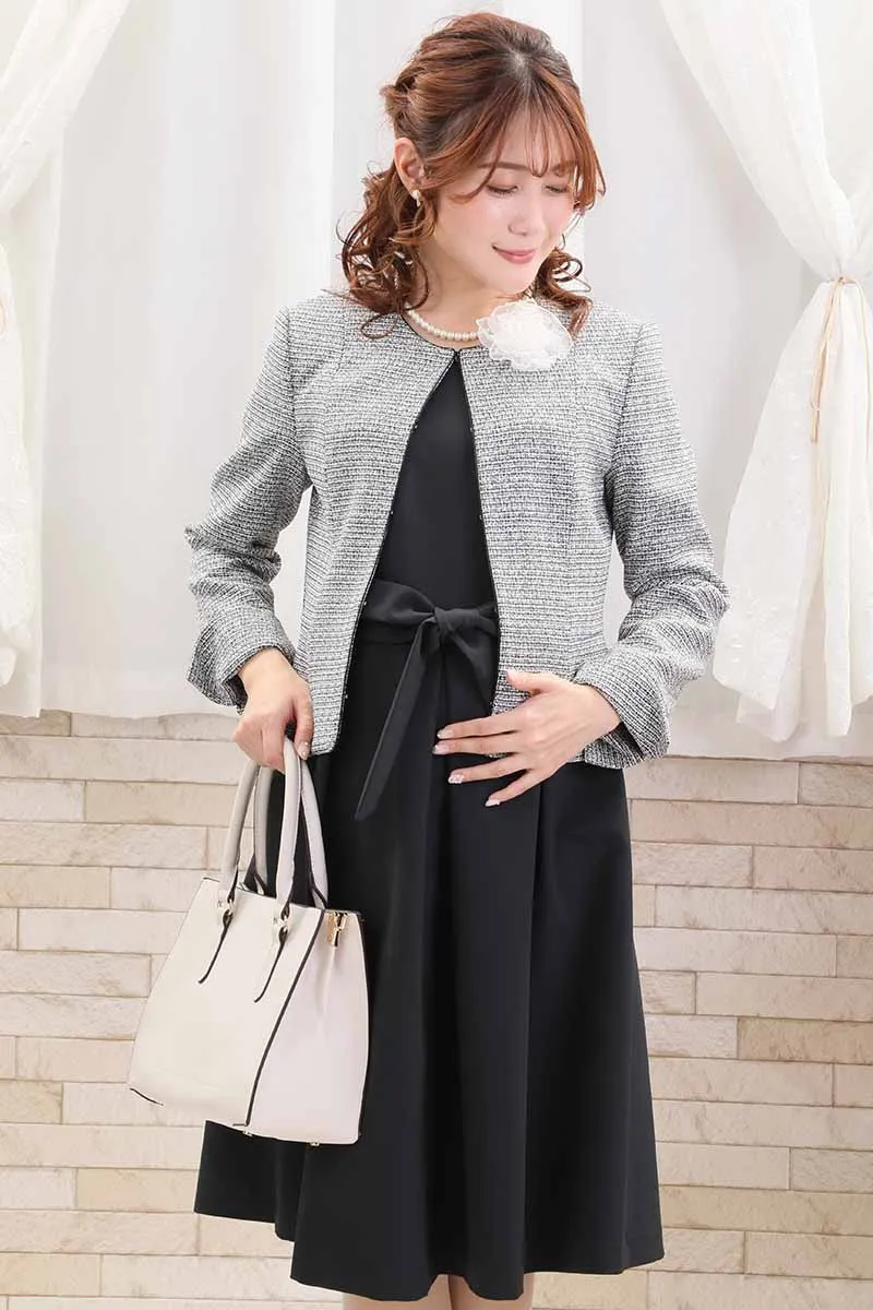 ネイビーの授乳口付ウエストリボンフレアセレモニースーツセット