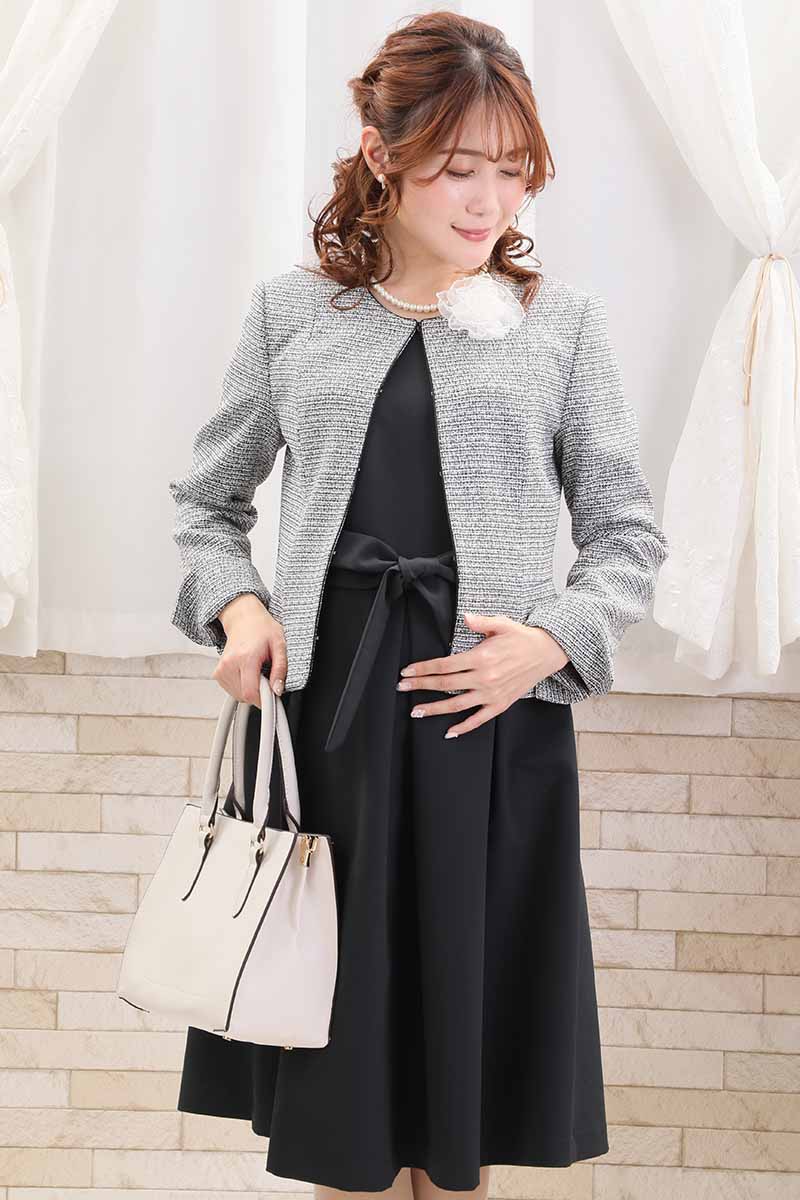 ネイビーの授乳口付ウエストリボンフレアセレモニースーツセット