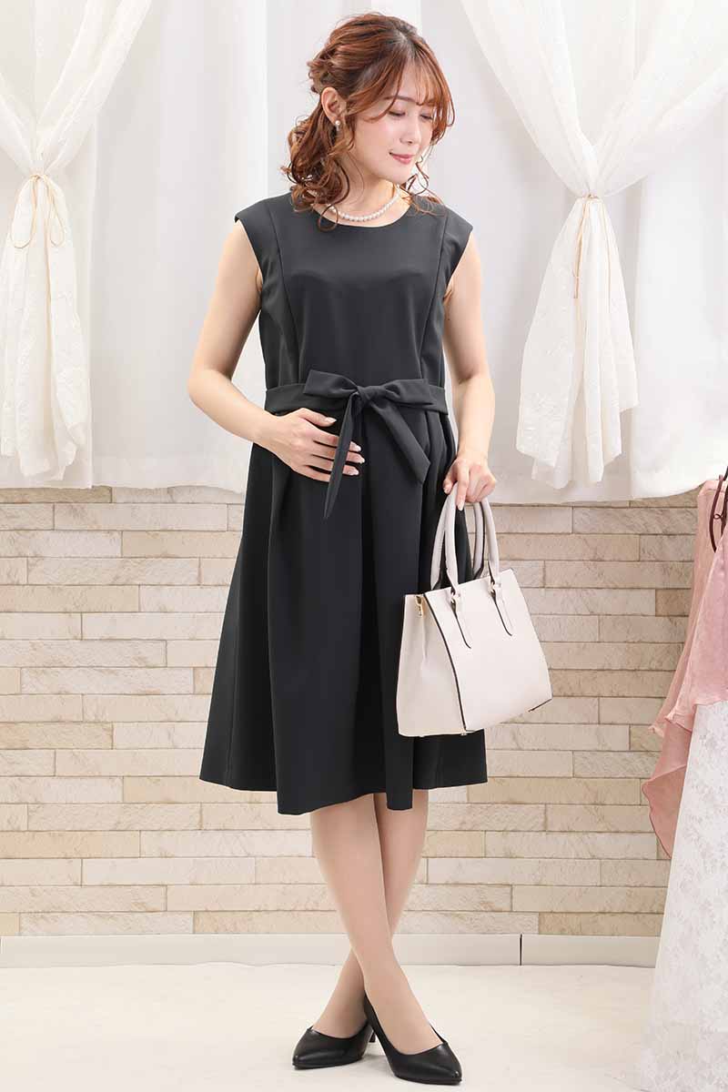 ネイビーの授乳口付ウエストリボンフレアセレモニースーツセット