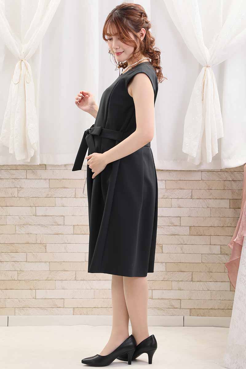 ネイビーの授乳口付ウエストリボンフレアセレモニースーツセット