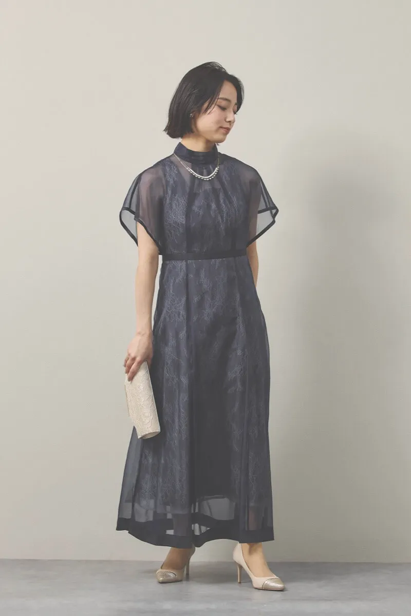 ネイビーのレース×オーガンジーのシアードレス