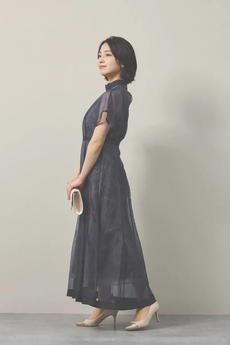 ネイビーのレース×オーガンジーのシアードレス