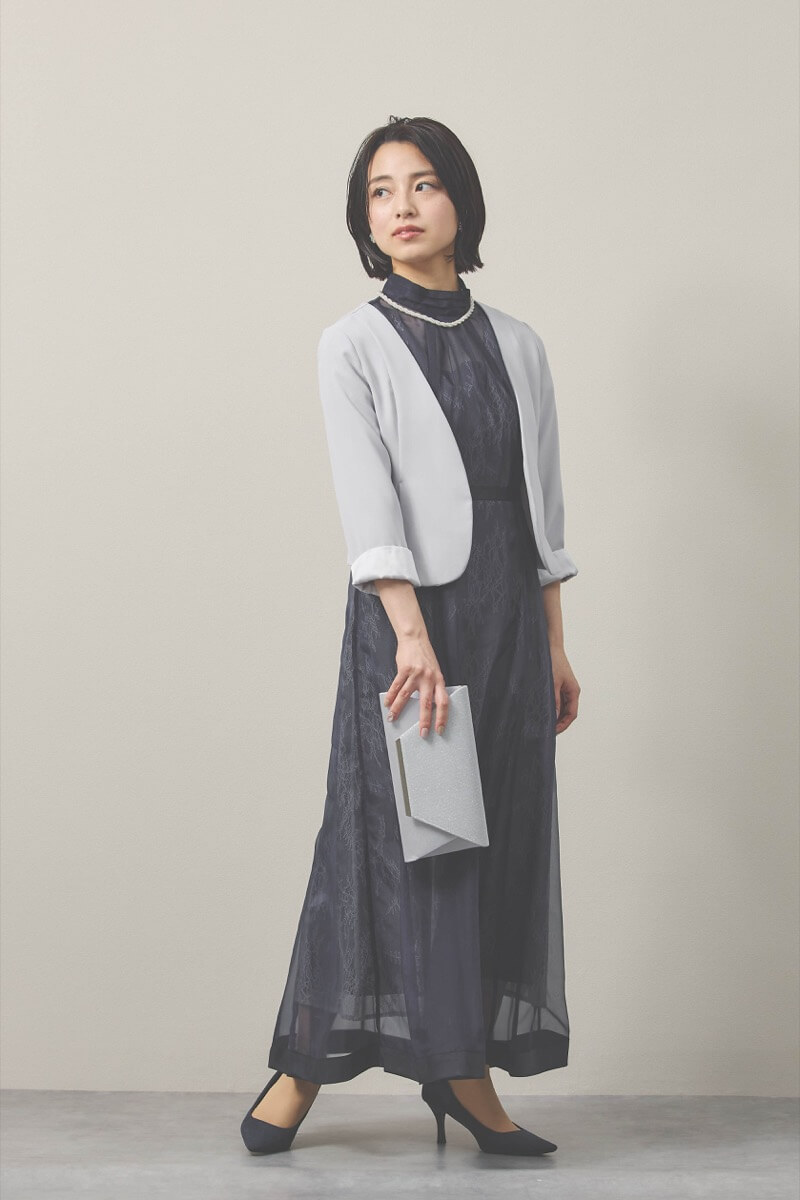 ネイビーのレース×オーガンジーのシアードレス