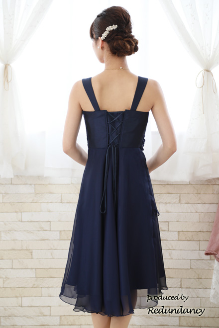 ネイビーのスクエアネックシフォンドレス