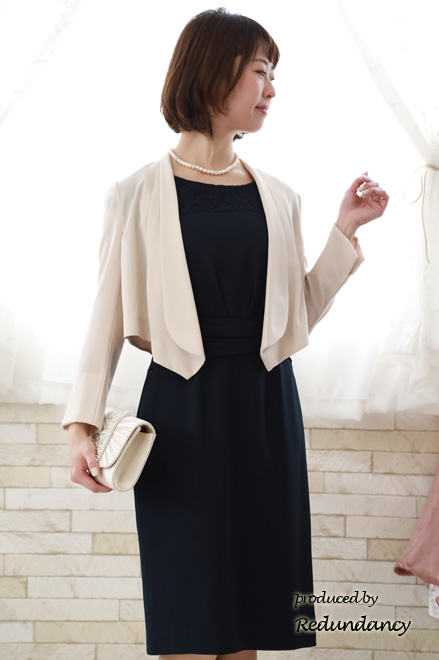 ネイビーのショルダーレースタイトドレスコーディネートセット