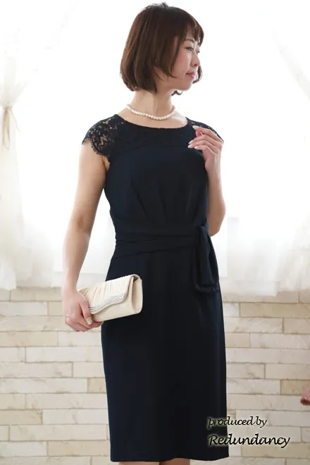 ネイビーのショルダーレースタイトドレスコーディネートセット