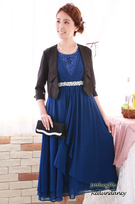 ロイヤルブルーのウエストビジューラッフルドレスコーディネートセット