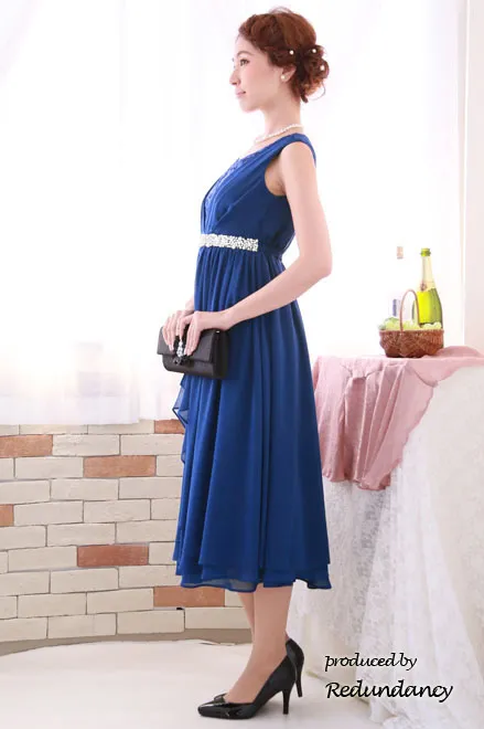 ロイヤルブルーのウエストビジューラッフルドレスコーディネートセット