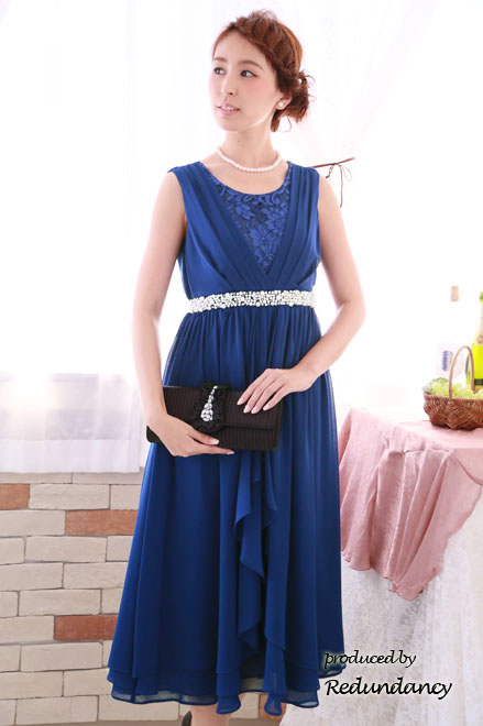 ロイヤルブルーのウエストビジューラッフルドレスコーディネートセット